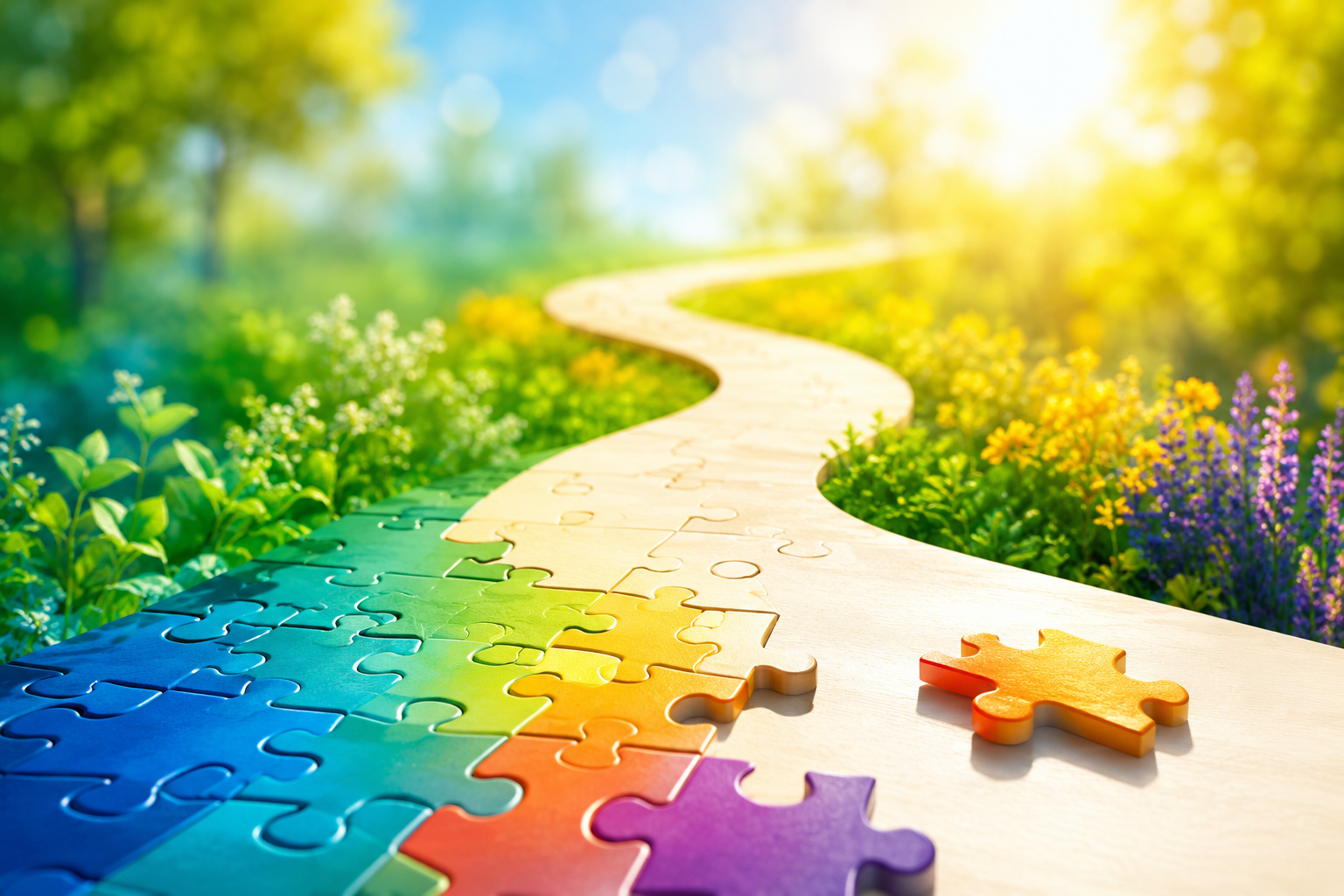 Puzzle path through a vibrant meadow